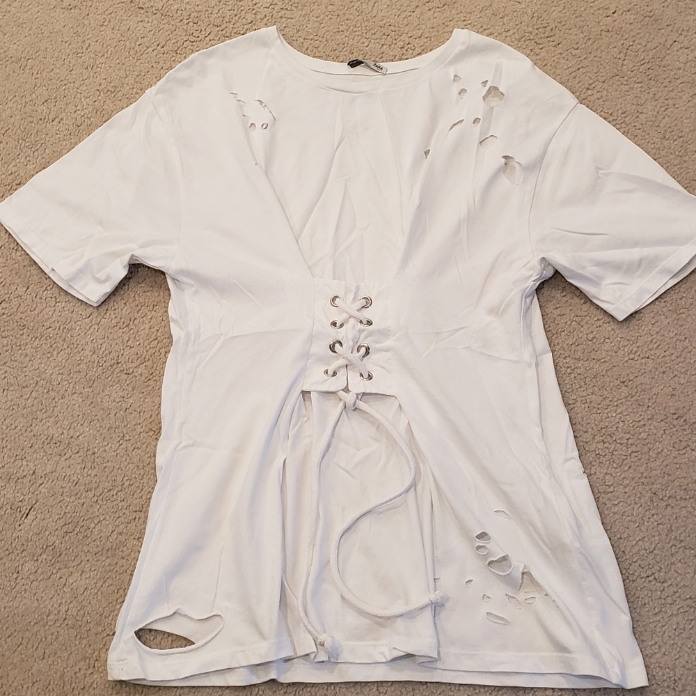 Zara Distressed Corset Front Tunic Tee M
